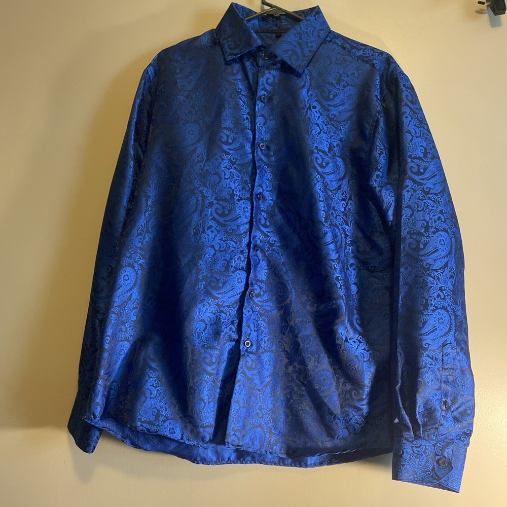 Barry Wang Bold Satin Paisley long sleeve button down men XL blue black